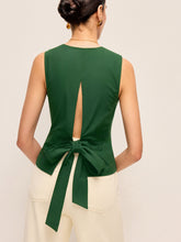 Cotton & Linen Asymmetric Button Vest With Back Bow