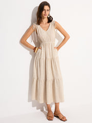 Pocketed Striped Linen & Cotton Tiered Maxi Dress