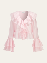 Semi-Sheer Ruffled V-Neck Bell-Sleeve Top