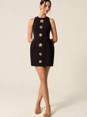 Metal-Button High-Neck Short Dress