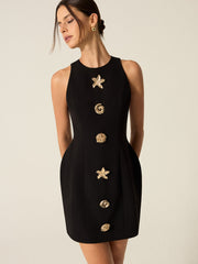 Metal-Button High-Neck Short Dress