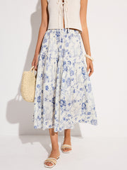 Floral Print Elastic Waist Midi Skirt