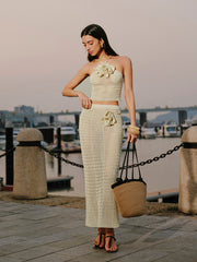 Knit Hollow Ditsy Floral Drawstring Skirt Set