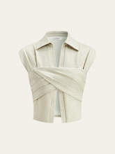 Linen Blend Cropped Blouse with Cross Wrap Detail
