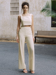Cotton & Linen Button Decor Tank Top With Straight Leg Pants Set