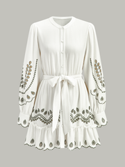 Linen & Cotton Embroidered Belted Mini Dress