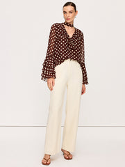 Semi-Sheer Polka Dot Bell-Sleeve Chiffon Blouse