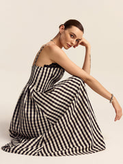 Gingham Spaghetti Strap Midi Dress with Lace Trim