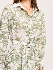 Leaf Printed Belted Midi Dress with Slits