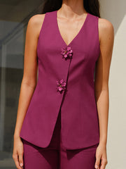 Sleeveless V-Neck Pants Set With Floral Buttons
