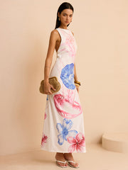 Semi-Sheer Ocean Print Maxi Dress with Slit