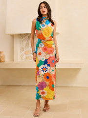Floral Print Maxi Dress with Tie Back