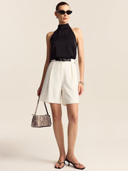 Belted Pleated Mid-Waisted Shorts