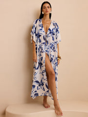 Sheer Floral Kimono Cover Up with Tie-Front