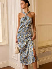 Halter Neck Floral Print Midi Dress