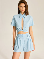 Tie-Front Cropped Shirt and Pocketed Shorts Set