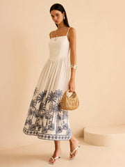 Semi-Sheer Tropical Palm Print Tie-Back Maxi Dress