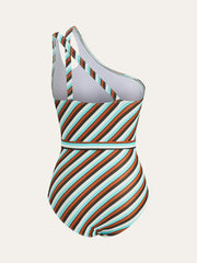 Asymmetrical Striped Belted One-Piece Swimsuit