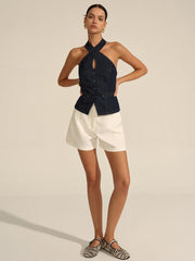 Denim Halter Crisscross Backless Top