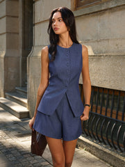 Sleeveless Button-Front Vest and Shorts Set