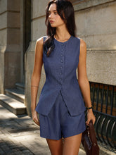 Sleeveless Button-Front Vest and Shorts Set