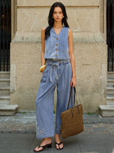 Denim Embroidery Tie-Waist Pants