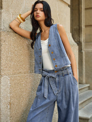 Denim Embroidery V-Neck Vest