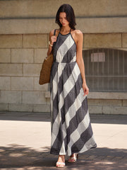 Checkered Halter Backless Maxi Dress