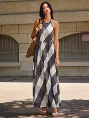 Checkered Halter Backless Maxi Dress