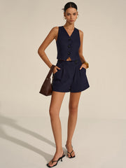 Sleeveless V-Neck Blazer Vest and Shorts Set