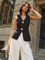 Metal Decor Sleeveless V-Neck Vest