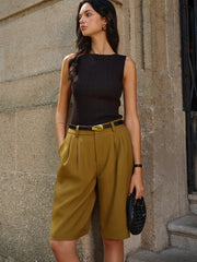 Belted Mid-Waisted Pleated Shorts