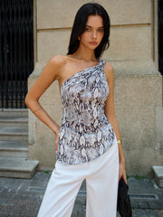 Semi-Sheer Snake Print One-Shoulder Backless Top