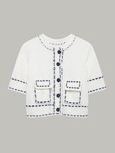 Short-Sleeved Cropped Cardigan with Contrast Stitching