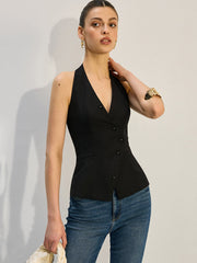 Halter Neck Asymmetric Buttoned Vest