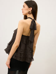 Tiered Ruffle Chiffon Halter Top with 3D Flower