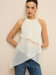 Semi-Sheer Layered Asymmetric Halter Chiffon Top