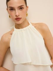 Semi-Sheer Layered Asymmetric Halter Chiffon Top