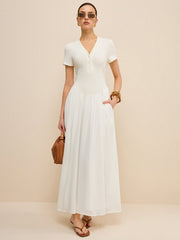 Button-Placket V-Neck Maxi Dress