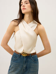 Satin Cross-Over Collar Tank Top
