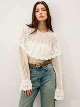 Semi-Sheer Ruffle-Trimmed Lace Flared-Sleeve Blouse