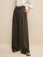 Army Green Belted Pleated Wide-Leg Pants