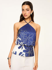Floral Print Halter Backless Top