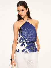 Floral Print Halter Backless Top