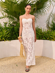 Sheer Jacquard Floral Lace Panel Strapless Dress