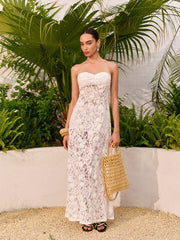 Sheer Jacquard Floral Lace Panel Strapless Dress