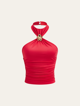 Semi-Sheer Halter Neck Ruched Top with Metal Floral Decor