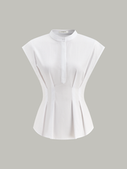 Mandarin-Collar Cap-Sleeve Peplum Shirt