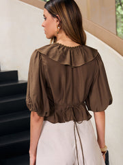 Ruffle V-Neck Puff Sleeve Tencel Blouse