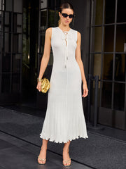 Lace-Up Neckline Ribbed Knit Maxi Dress